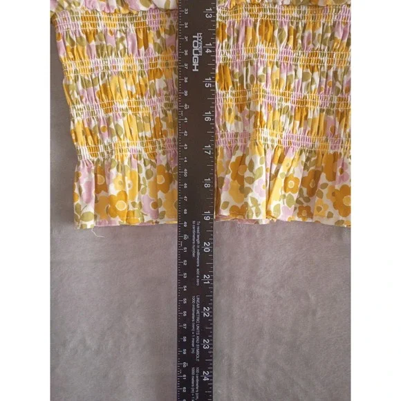 WAYF Retro Floral Print V-Neck Smocked Waist Top Size S Bright Boho Cottage core - Picture 4 of 8